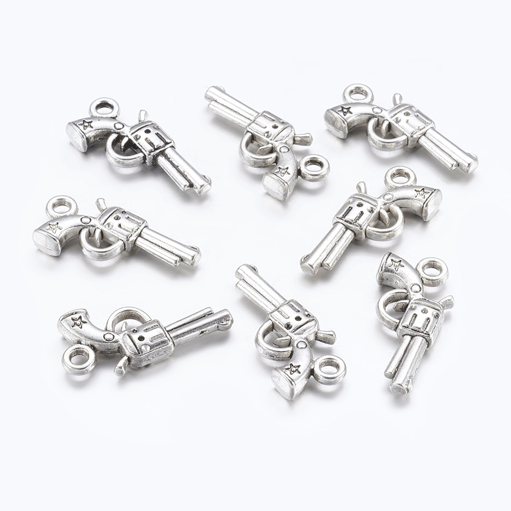PandaHall Gun Alloy Pendants, Revolver Pendant, Lead Free and Cadmium Free, Antique Silver, about 22mm long, 11mm wide, 3mm thick, hole: 2mm...