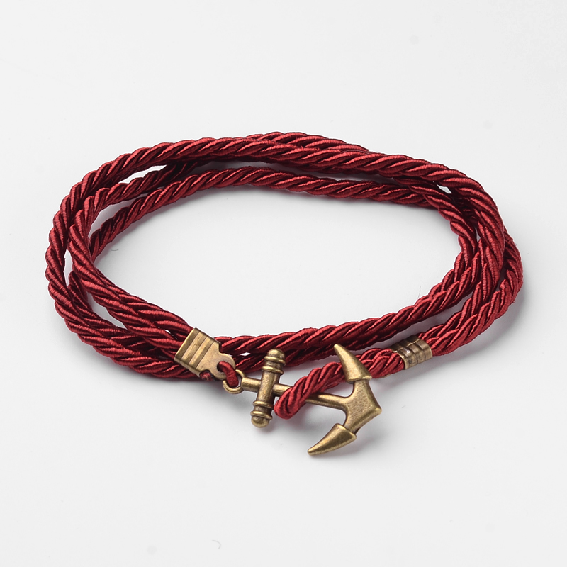 PandaHall Two Loops Polyester Cord Wrap Bracelets, with Anchor Antique Bronze Tone Alloy Findings, DarkRed, 415x3mm Mixed Material Red