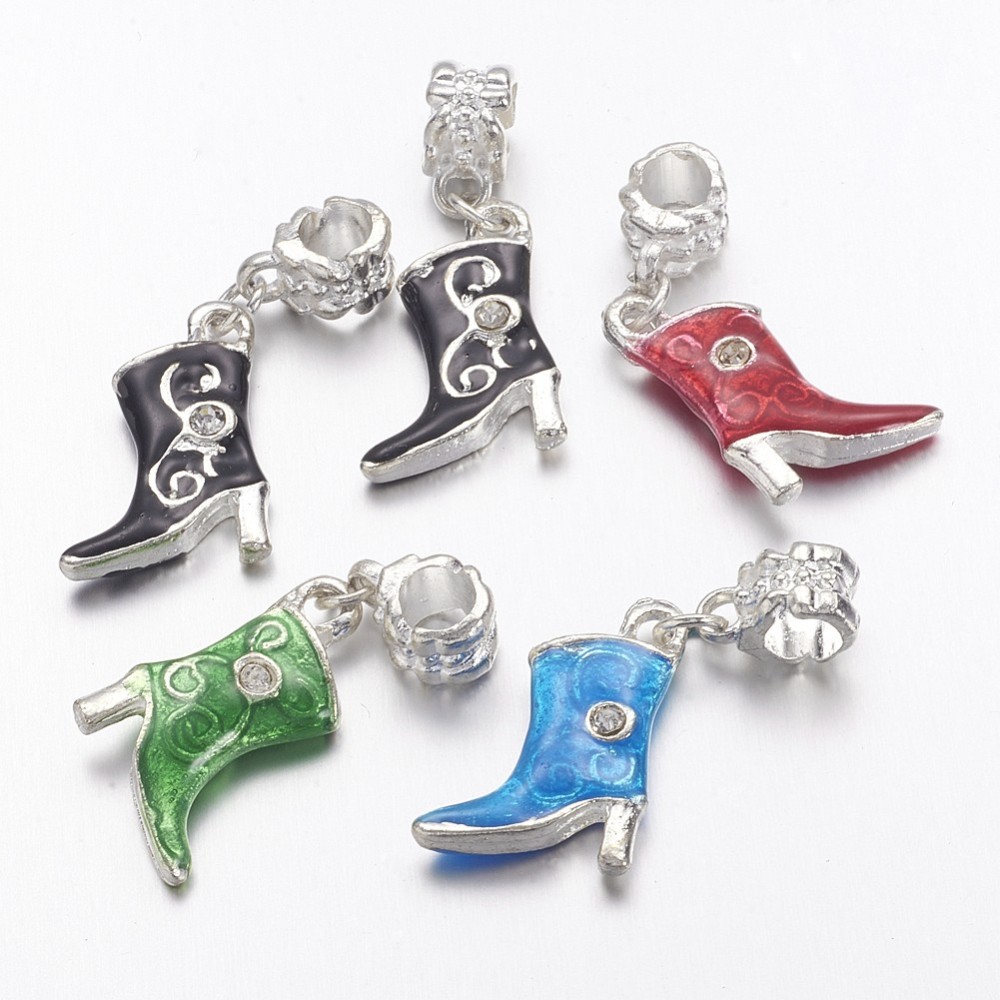 PandaHall Alloy European Dangle Beads, with Enamel and Rhinestone, Shoes, Silver Metal Color, Mixed Color, Size: about 14mm wide, 33mm long...