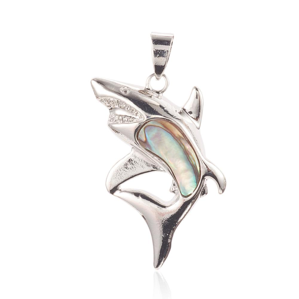 PandaHall Natural Abalone/Paua Shell Pendants, with Platinum Tone Brass Findings, Shark Shape, 39x27x5mm, Hole: 4x6mm Paua Shell Fish