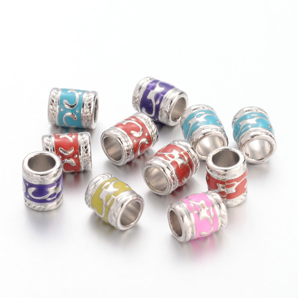 PandaHall Enamel Alloy European Beads, Large Hole Column Beads, Platinum Color, Mixed Color, about 7mm wide, 8.5mm long, hole: 5mm...