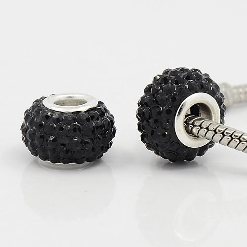PandaHall Grade A Rhinestone European Beads, Large Hole Beads, Resin, with Silver Color Brass Core, Rondelle, Jet, 15x10mm, Hole: 5mm...