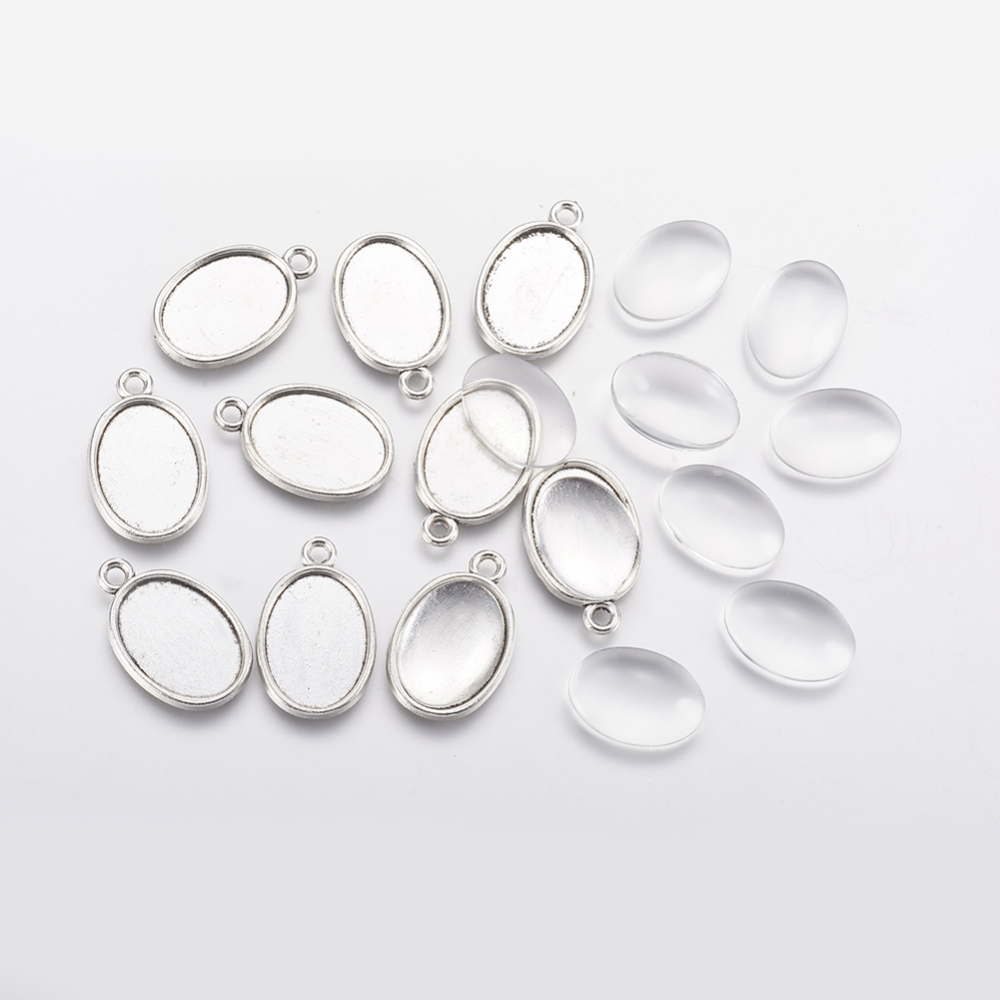 PandaHall DIY Pendant Making, with Tibetan Style Alloy Pendant Cabochon Settings and Glass Cabochons, Oval, Antique Silver, 24.5x16x2mm...