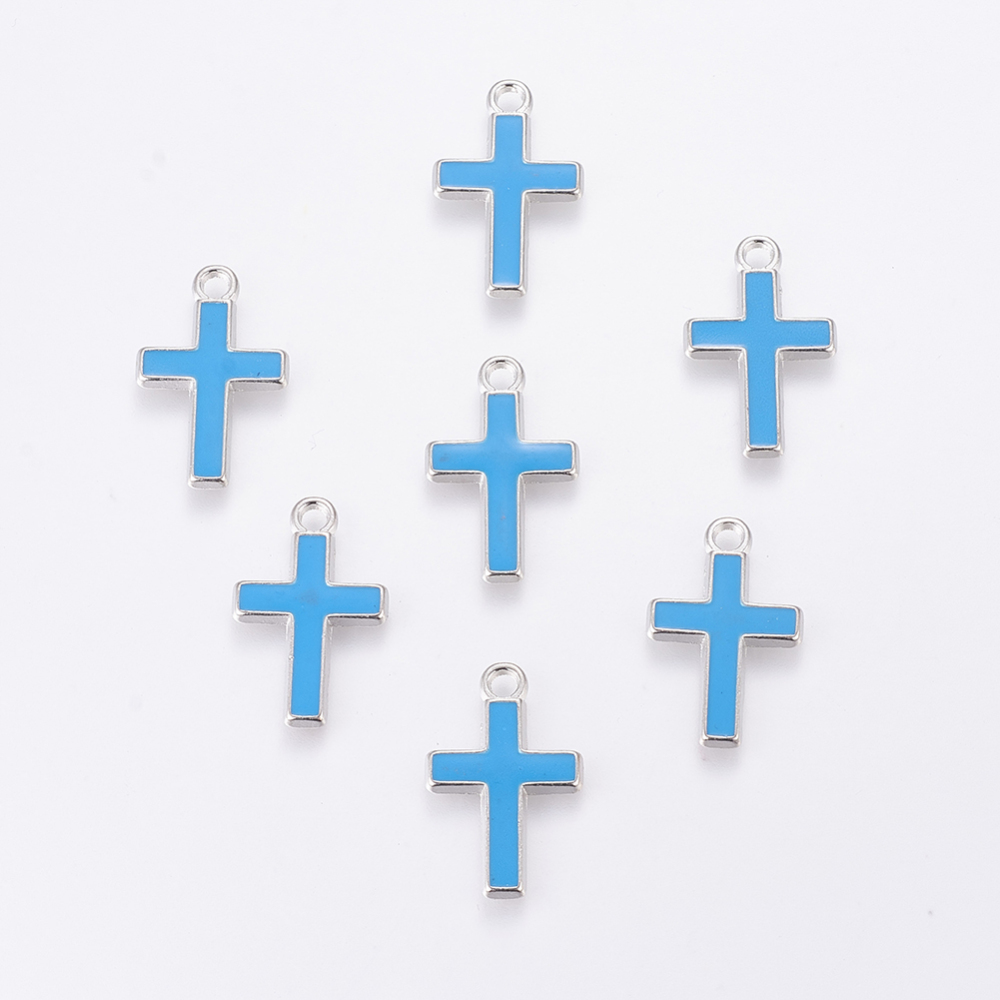 PandaHall Alloy Enamel Cross Pendants, Lead Free and Cadmium Free, Platinum Color, DodgerBlue, 26x16x2mm, Hole: 3mm Alloy+Enamel Cross Blue