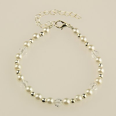 PandaHall Fashion Acrylic Imitation Pearl Bracelets, with Bicone Glass Beads and Alloy Lobster Claw Clasps, White, 195mm Glass White