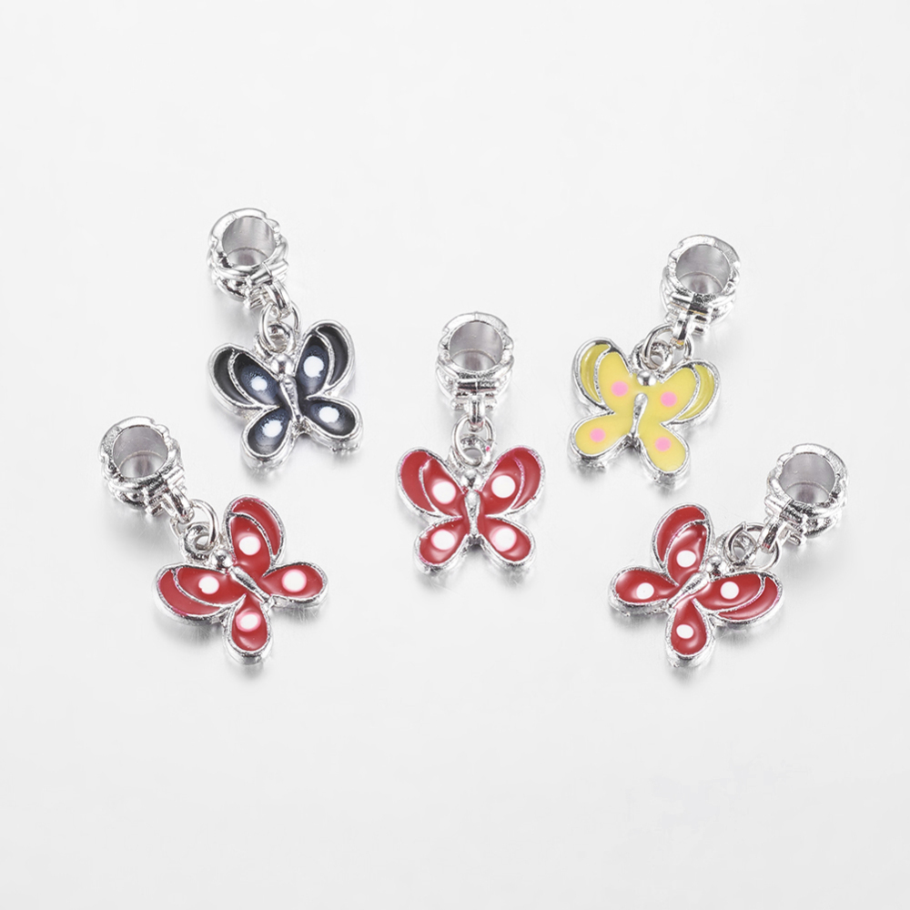 PandaHall Alloy European Dangle Beads, Enamel, Butterfly, Platinum Metal Color, Mixed Color, Size: about 14mm wide, 26mm long, hole: 4.5mm...