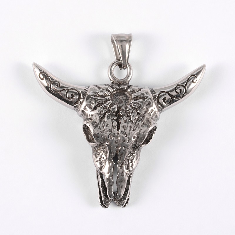 PandaHall 316 Stainless Steel Big Pendants, Cattle Skull, Antique Silver, 40x50x11mm, Hole: 8x4mm Stainless Steel Skull