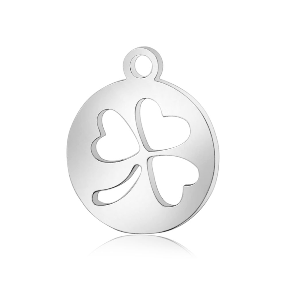 PandaHall 304 Stainless Steel Charms, Flat Round with Clover, Stainless Steel Color, 14x12x1.2mm, Hole: 1.5mm Stainless Steel Flat Round