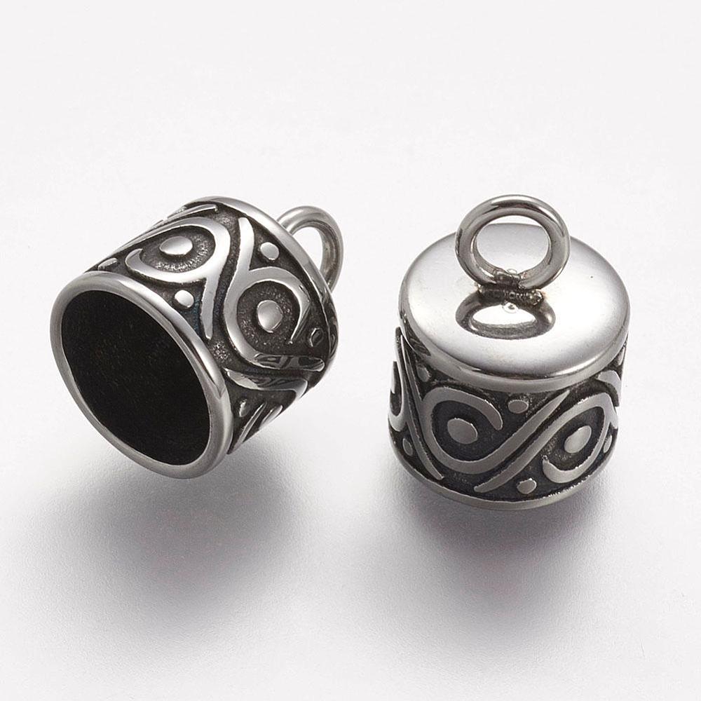 PandaHall 304 Stainless Steel Cord Ends, Colunm, Antique Silver, 13.5x10mm, Hole: 3mm Stainless Steel