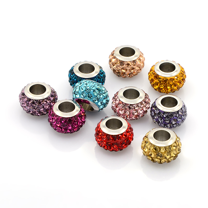 PandaHall 304 Stainless Steel Polymer Clay Rhinestone European Beads, Large Hole Rondelle Beads, Mixed Color, 11x7.5mm, Hole: 5mm Polymer...