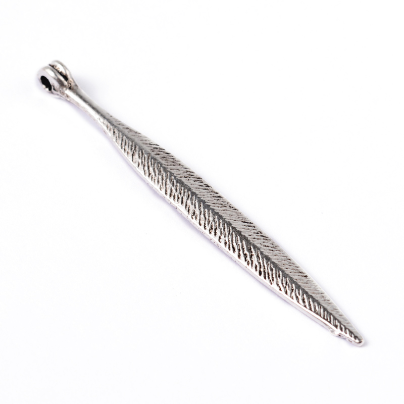 PandaHall Feather Tibetan Style Alloy Big Pendants, Lead Free & Cadmium Free, Antique Silver, 56.5x5.8x4.5mm, Hole: 2mm Alloy Feather