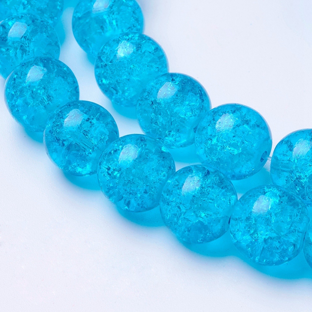 PandaHall Crackle Glass Beads Strands, Round, DeepSkyBlue, 10mm, Hole: 1.3~1.6mm; about 80pcs/strand, 31.4" Round Blue