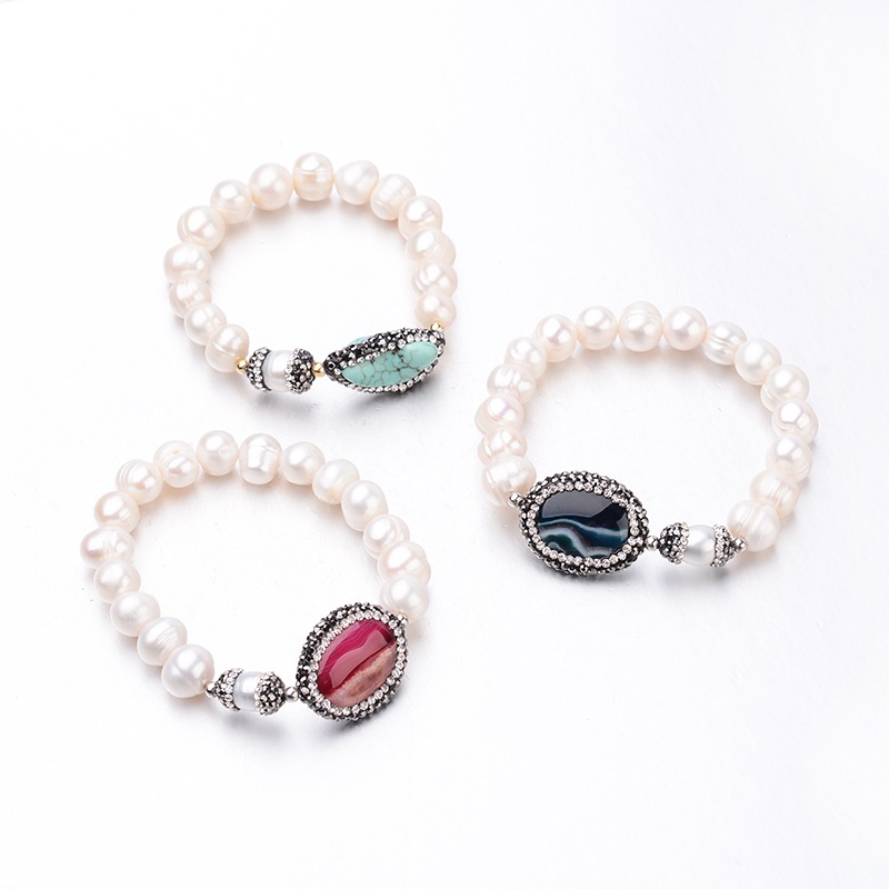 PandaHall Round Pearl Stretch Bracelets, with Rhinestone and Oval Natural Agate Beads, Mixed Color, 55~57mm Pearl Multicolor