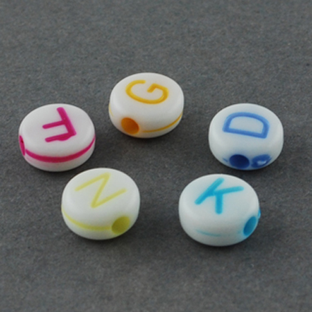 PandaHall Craft Style Mixed Color Chunky Alphabet Acrylic Flat Round Beads for Kids Jewelry, about 7mm in diameter, 3mm thick, hole: 1.5mm...