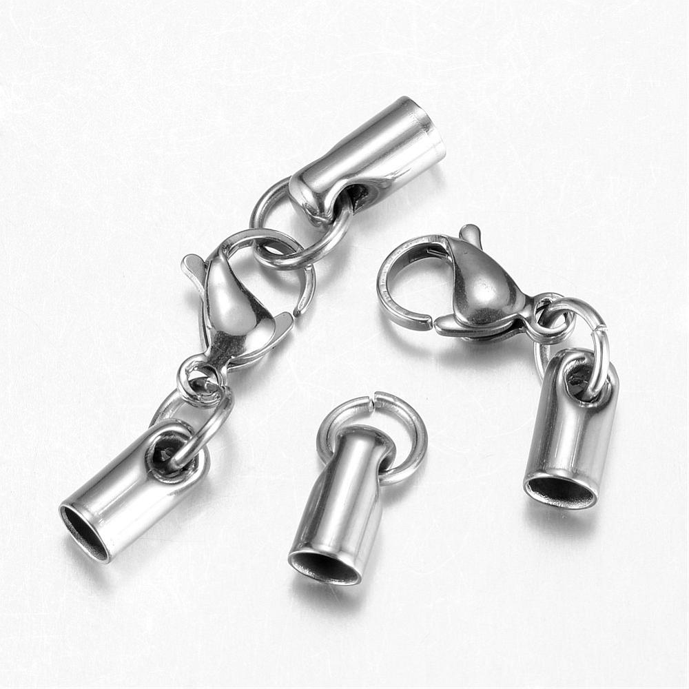 PandaHall 304 Stainless Steel Lobster Claw Clasps, with Cord Ends, Stainless Steel Color, 35mm Stainless Steel Column