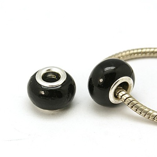 PandaHall Glass Beads, Handmade Lampwork European Beads, with Silver Plated Brass Core, Rondelle, Black, about 14mm wide, 10mm long, hole...