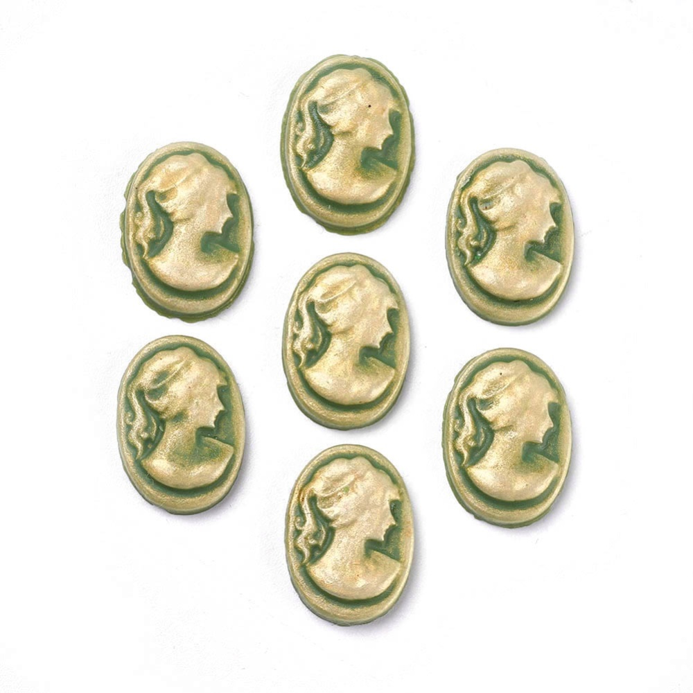 PandaHall Flat Oval Green Resin Cabochons, Carved with a Lady's Head Portrait, without hole, 13x18mm Resin Oval Green