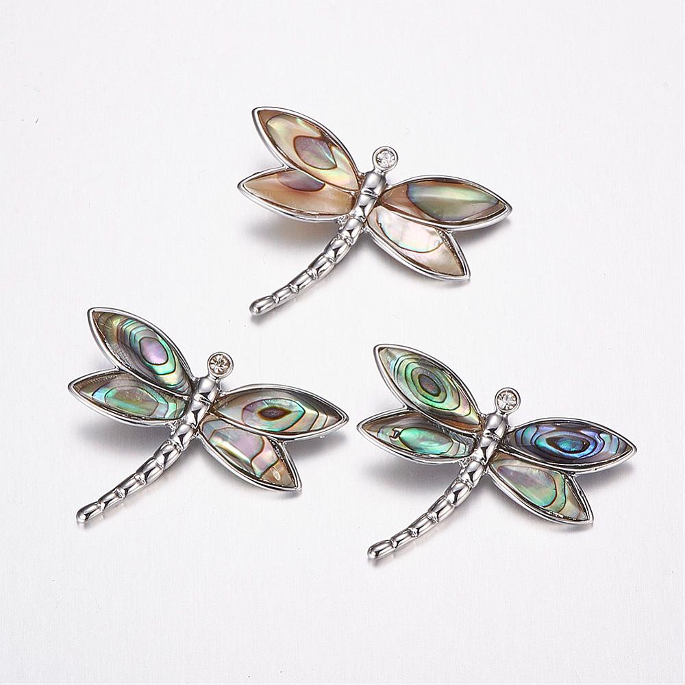 PandaHall Abalone/Paua Shell Pendants, with Brass Findings, Dragonfly, Platinum, 31.5x24x6.5mm, Hole: 3.5x5.5mm Paua Shell Dragonfly