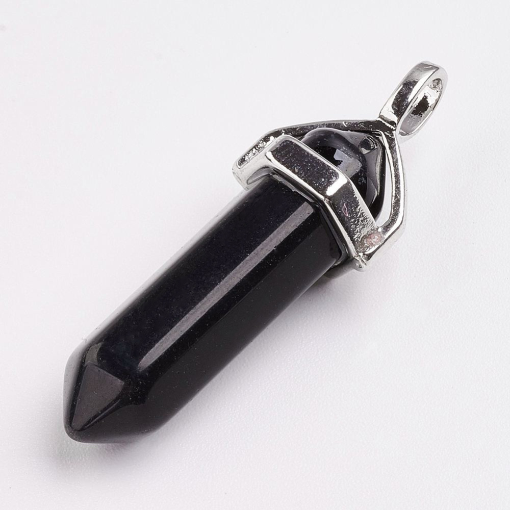 PandaHall Natural Black Agate Pendants, with Platinum Tone Brass Findings, Bullet, 40~43x12~13x10~10.5mm, Hole: 4x5mm Black Agate Bullet