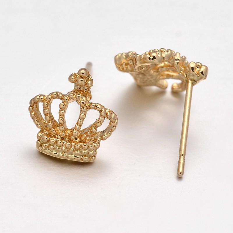 PandaHall Crown Alloy Ear Studs, with Plastic Earplugs, Golden, 11x10x3mm, Pin:0.8mm Alloy