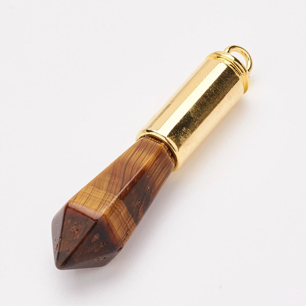 PandaHall Natural Tiger Eye Pendants, with Golden Tone Brass Findings, Bullet, 56~58x13x11.5~13mm, Hole: 3.5mm Tiger Eye Bullet Orange