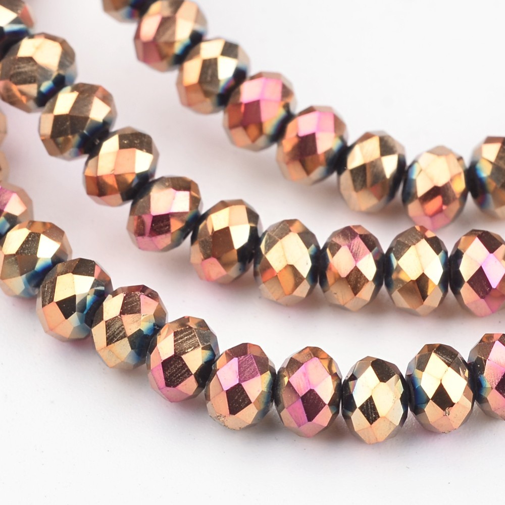 PandaHall Electroplate Glass Beads Strands, Faceted Rondelle, Rose Gold Plated, 4x3mm, Hole: 1mm; about 146pcs/strand, 18.8'' Glass Rondelle