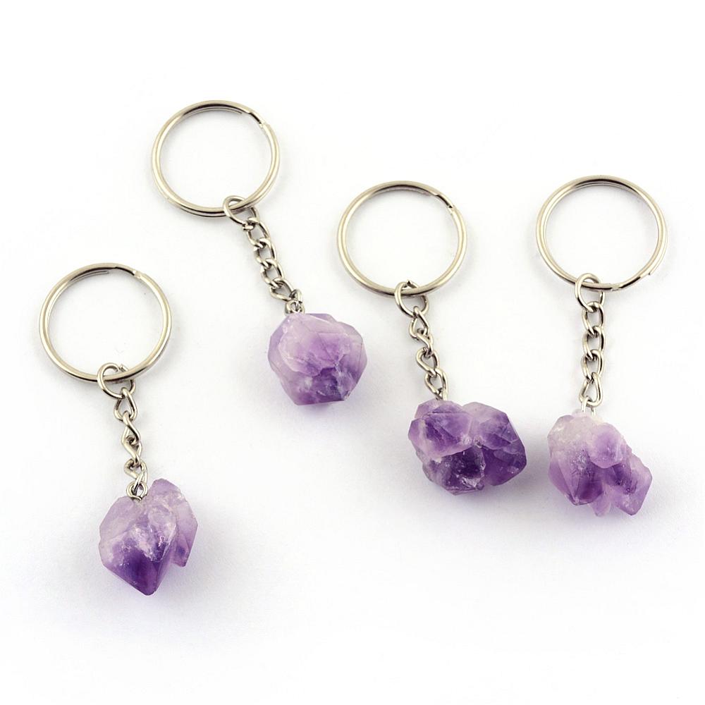 PandaHall Natural Amethyst Key Chains, with Iron Key Rings, Platinum, Nuggets, MediumPurple, 68~74mm Amethyst Nuggets Purple