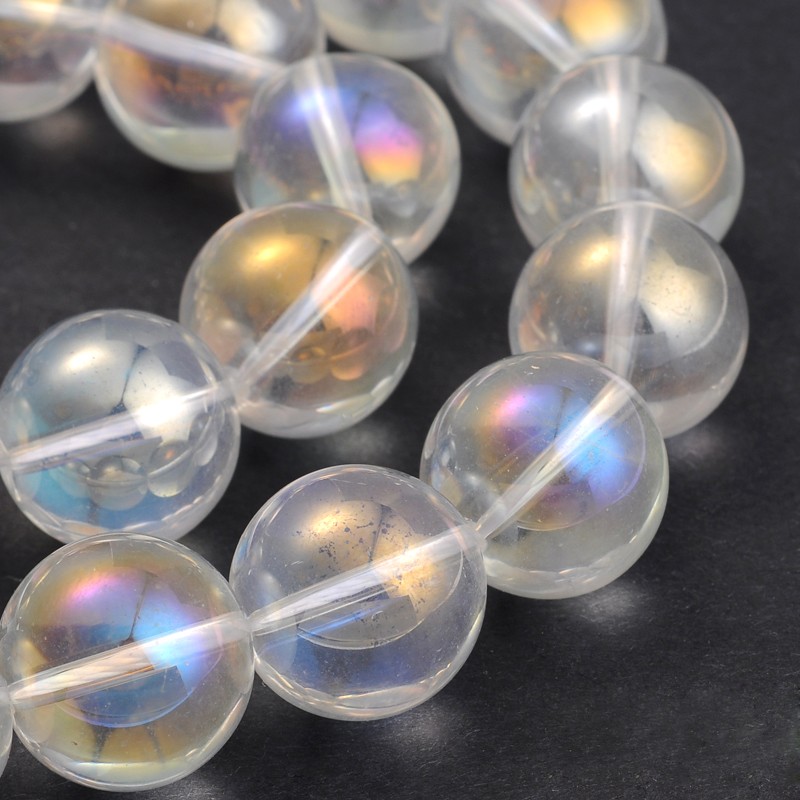 PandaHall AB Color Plated Transparent Glass Round Bead Strands, Clear AB, 18mm, Hole: 2mm; about 22pcs/strand, 15.3" Glass Round White