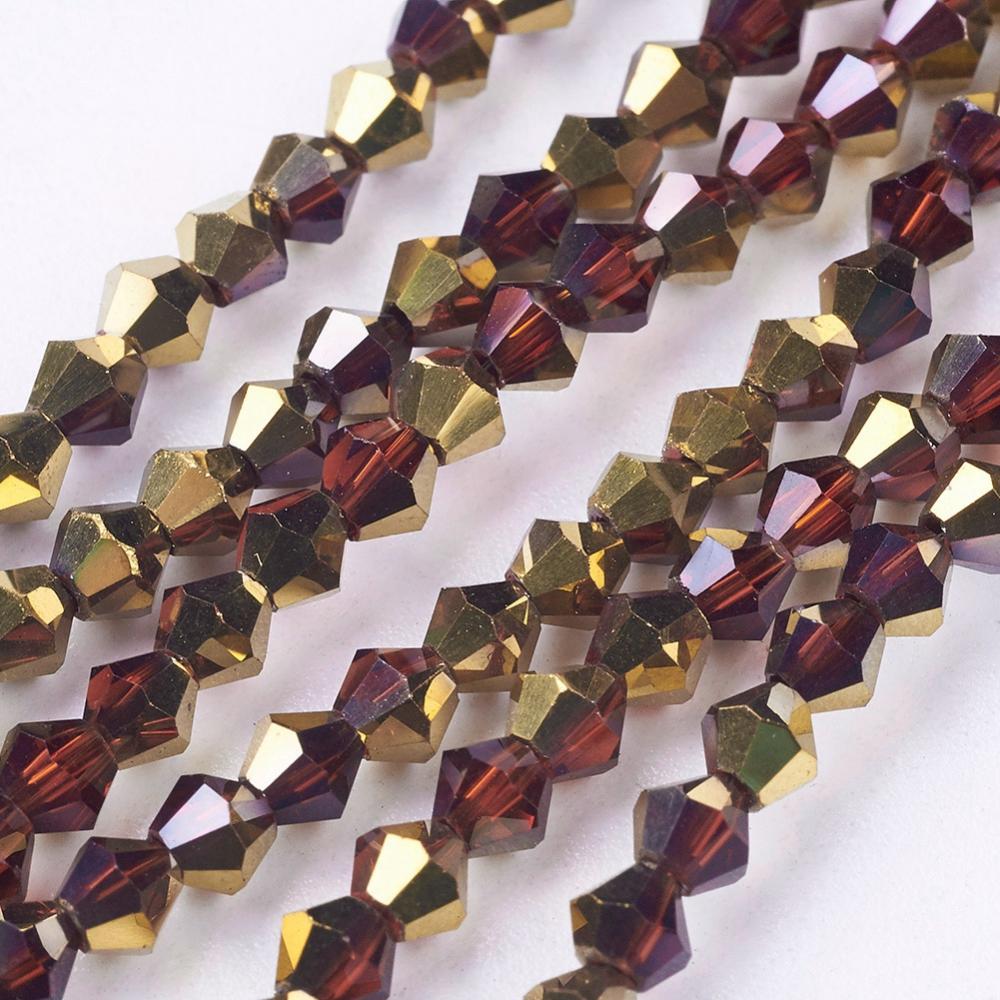 PandaHall Electroplate Glass Beads Strands, Half Golden Plated, Faceted, Bicone, Gold, 3x3mm, Hole: 1mm; about 150pcs/strand, 13.8" Bicone...