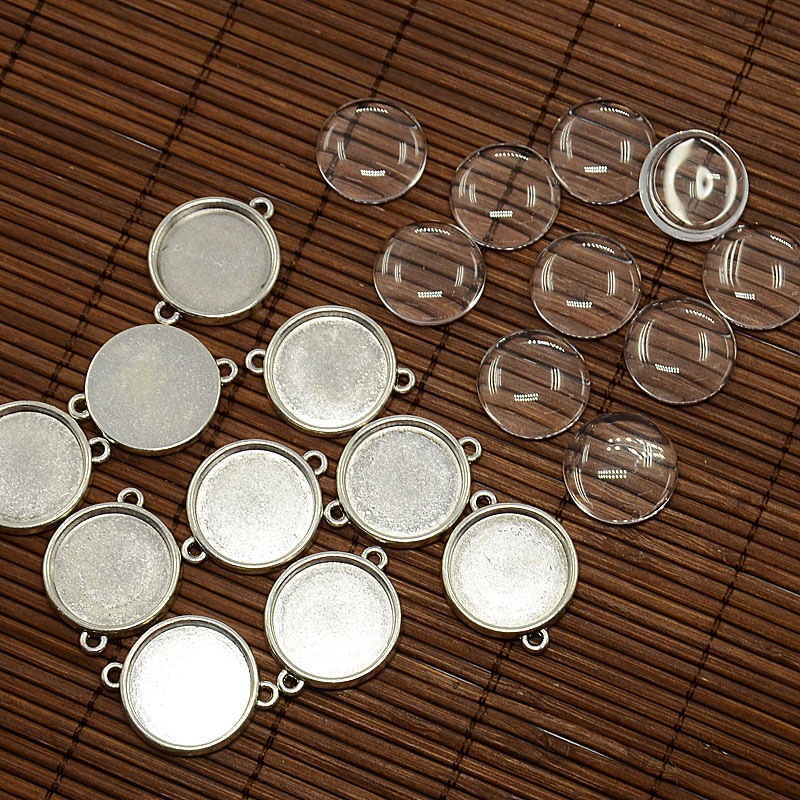 PandaHall 20mm Clear Domed Glass Cabochon Cover for Flat Round DIY Photo Alloy Link Making, Lead Free, Antique Silver, Connector Settings...