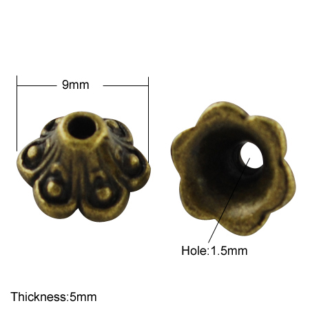PandaHall Tibetan Style Bead Caps, Lead Free & Nickel Free, Flower, Antique Bronze, 9x5mm, Hole: 1.5mm Alloy