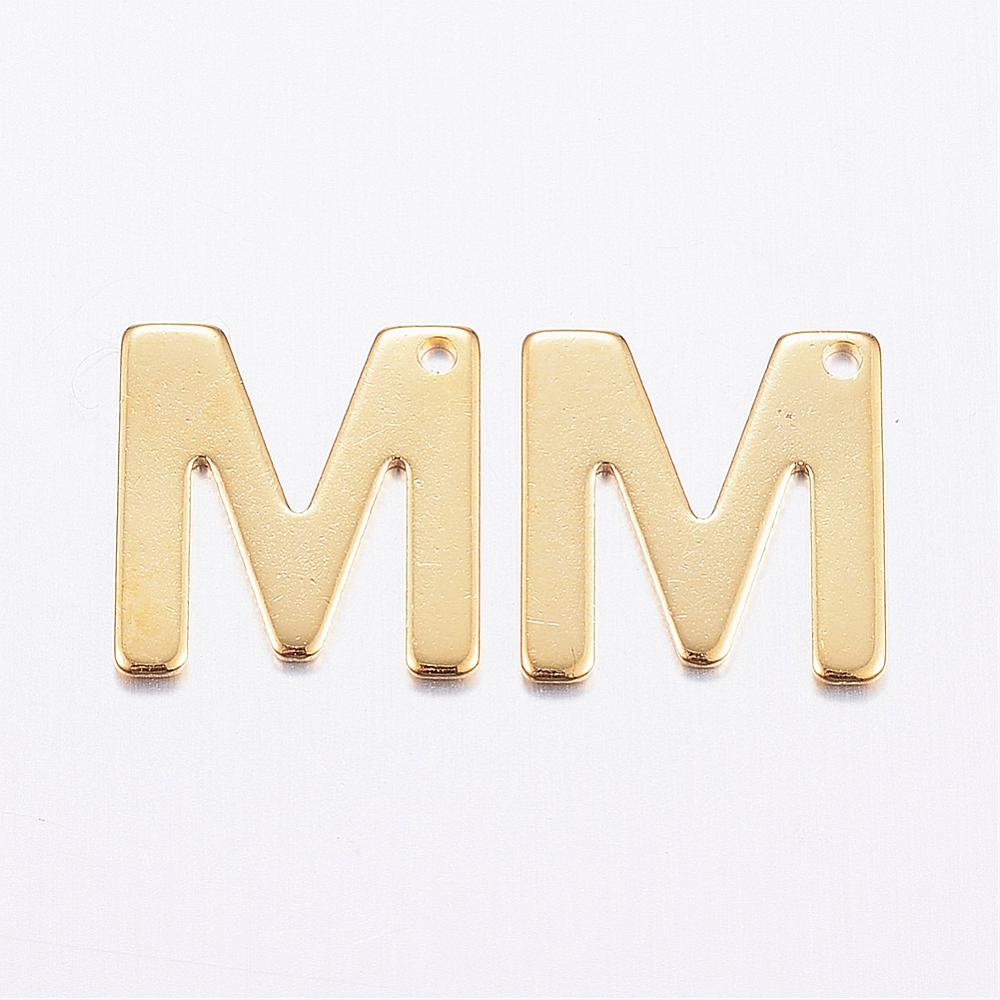 PandaHall 304 Stainless Steel Charms, Letter.M, Golden, 11x10.5x0.8mm, Hole: 1mm Stainless Steel Alphabet
