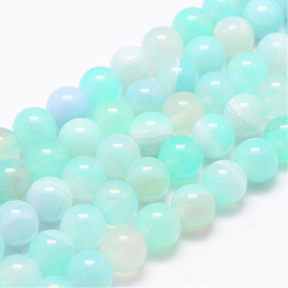 PandaHall Natural Striped Agate/Banded Agate Bead Strands, Round, Dyed & Heated, Aquamarine, 8mm, Hole: 1mm; about 47~48pcs/strand, 14.5"...
