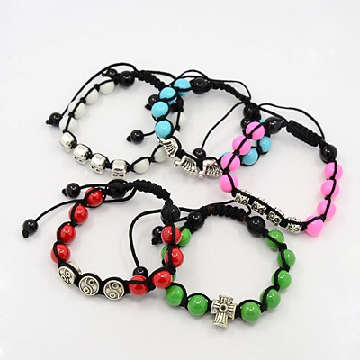 PandaHall  Bracelets, with Baking Painted Glass Beads, Tibetan Style European Beads and Nylon Thread, Antique Silver, Mixed Color, 55~90mm...