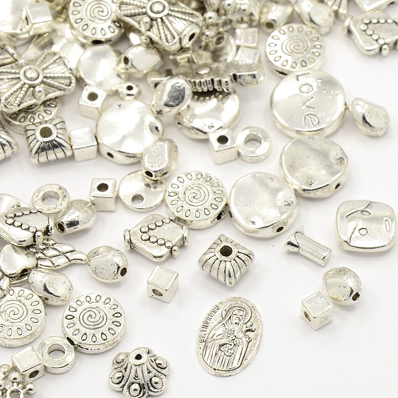 PandaHall Tibetan Style Alloy Beads, Mixed Shape, Antique Silver, 4~22x4~11x1~10mm, Hole: 1~7x12mm Alloy Mixed Shapes