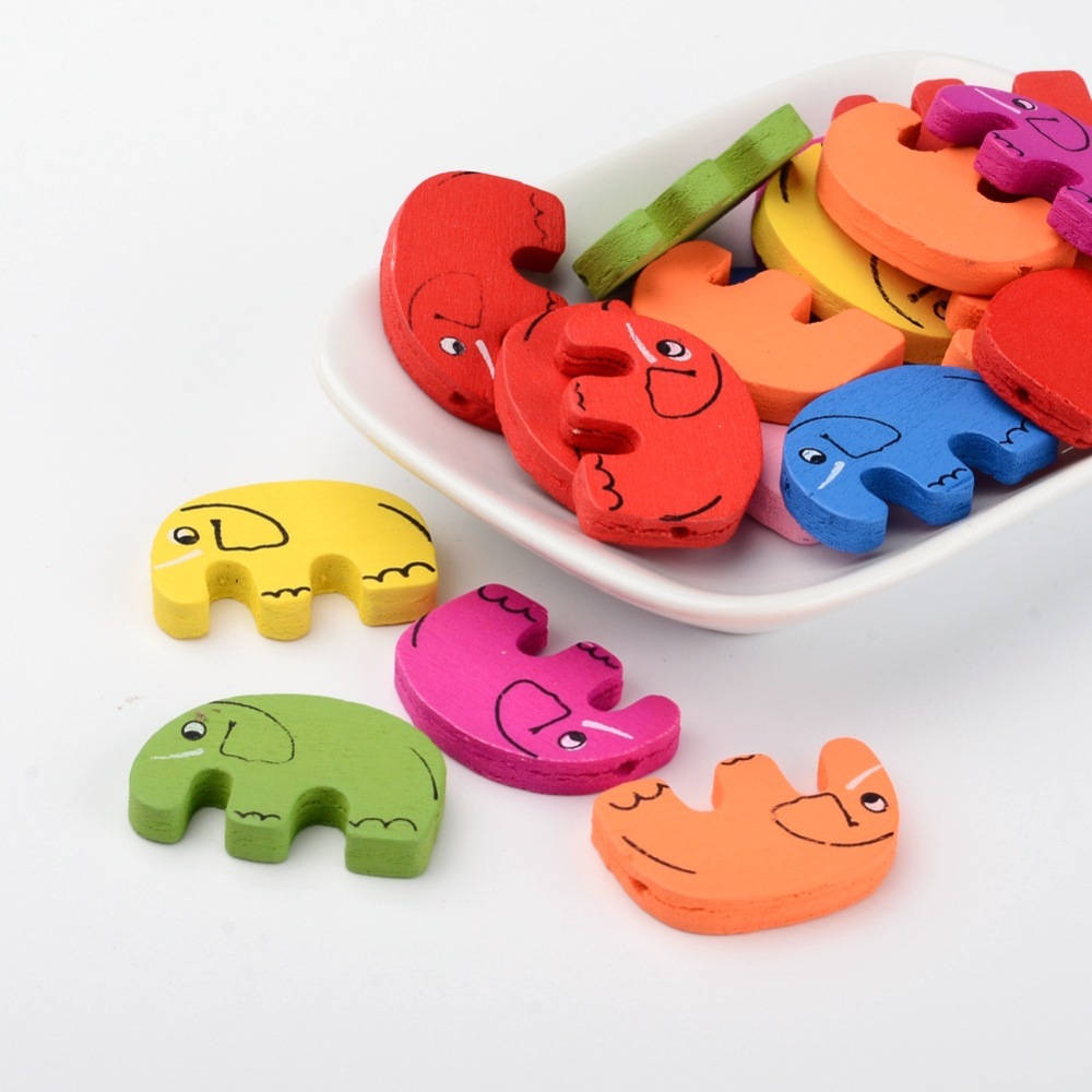 PandaHall Mixed Color Wood Beads, Lovely Animal Beads, Jewel Ideas For Children's Day, Elephant, Lead Free, Dyed, 30.5mm long, 21.5mm wide...