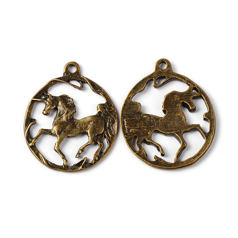 PandaHall 10PCS Antique Bronze Flat Round with Horse Tibetan Style Alloy Pendants, Lead Free & Cadmium Free & Nickel Free, 25x20x1.5mm, Hole...