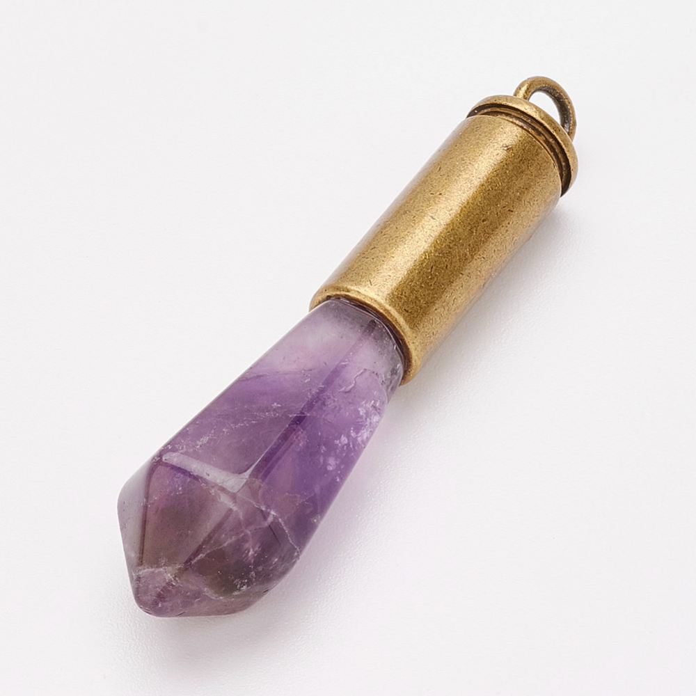 PandaHall Natural Amethyst Pendants, with Antique Bronze Brass Findings, Bullet, 56~58x13x11.5~13mm, Hole: 3.5mm Amethyst Bullet Purple