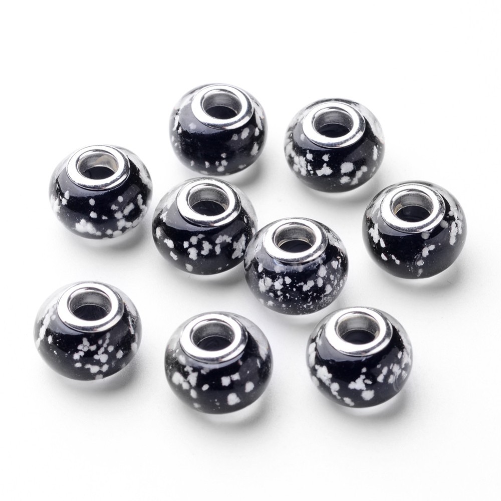 PandaHall Black Handmade Luminous Lampwork European Beads, with Silver Color Brass Core, Size: about 13mm long, 10mm wide, hole: 5mm...