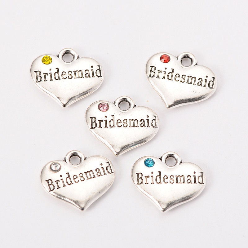 PandaHall Wedding Theme Antique Silver Tone Tibetan Style Heart with Bridesmaid Rhinestone Charms, Mixed Color, 14x16x3mm, Hole: 2mm Alloy...