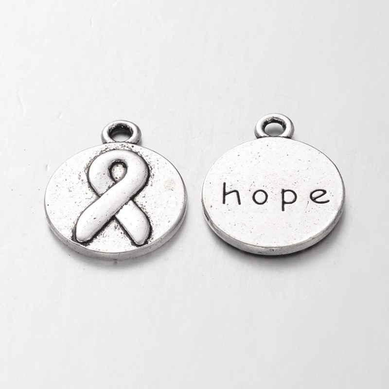 PandaHall Tibetan Style Flat Round Carved Awareness Ribbon and Word Hope Double Sided Pendants, Antique Silver, Lead Free & Cadmium Free;...