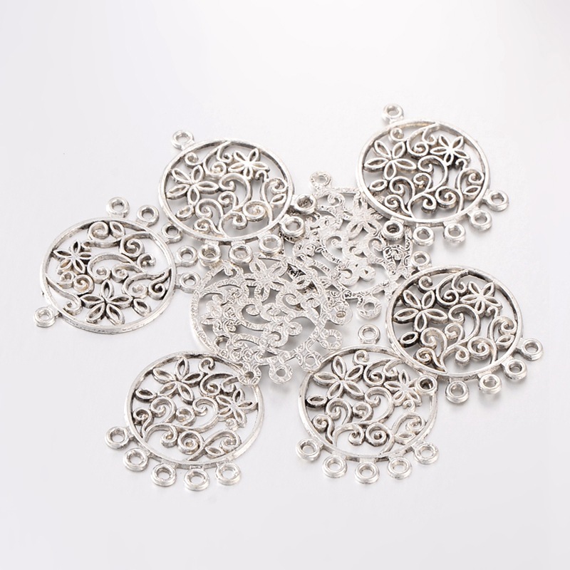 PandaHall Tibetan Style Alloy Flat Round Chandelier Component, Links, Lead Free and Cadmium Free, Antique Silver Color, 26.5mm wide, 35.5mm...