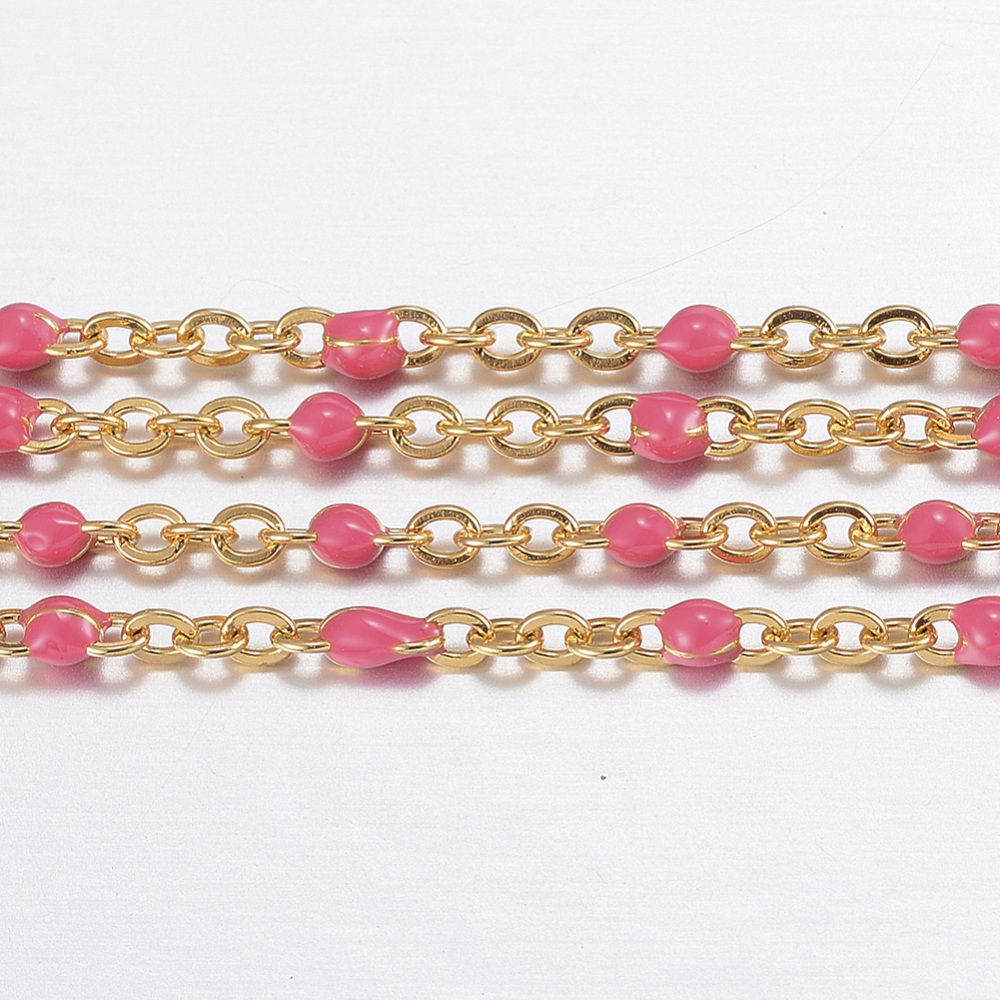 PandaHall 304 Stainless Steel Cable Chains, with Spool, with Enamel, Golden, Cerise, Links: 2x1.5x0.5mm; 10m/Roll Stainless Steel Red