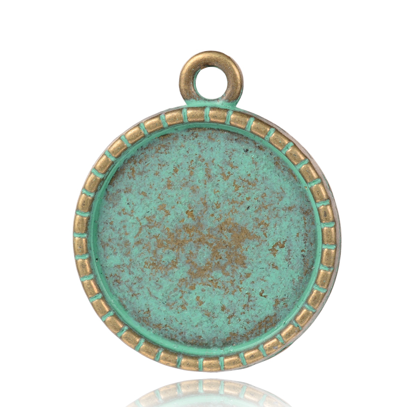 PandaHall Flat Round with Crown Alloy Pendant Cabochon Settings, Nickel Free, Antique Bronze & Green Patina, 26x21.5x3mm, Hole: 2mm; Tray...