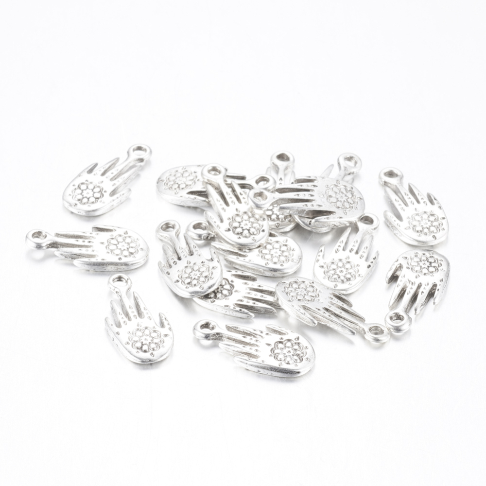 PandaHall Antique Silver Tibetan Style Pendants, Lead Free & Cadmium Free, Palm with Flower, 18x9x2mm, Hole: 2mm Alloy Palm