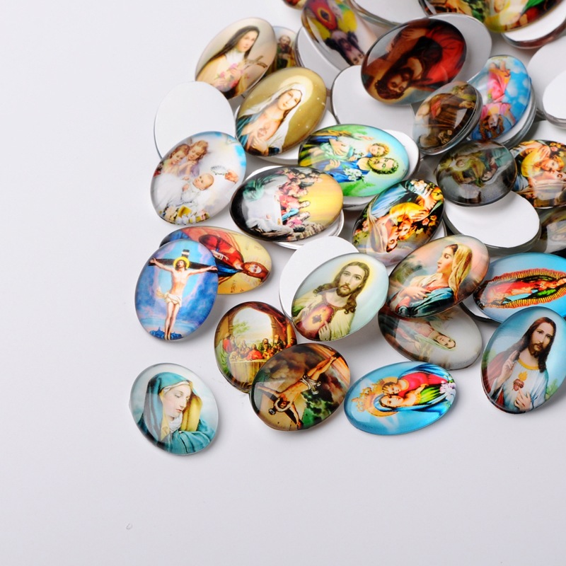 PandaHall Jesus and the Virgin Printed Glass Oval Cabochons, Mixed Color, 40x30x7~9mm Glass Oval Multicolor