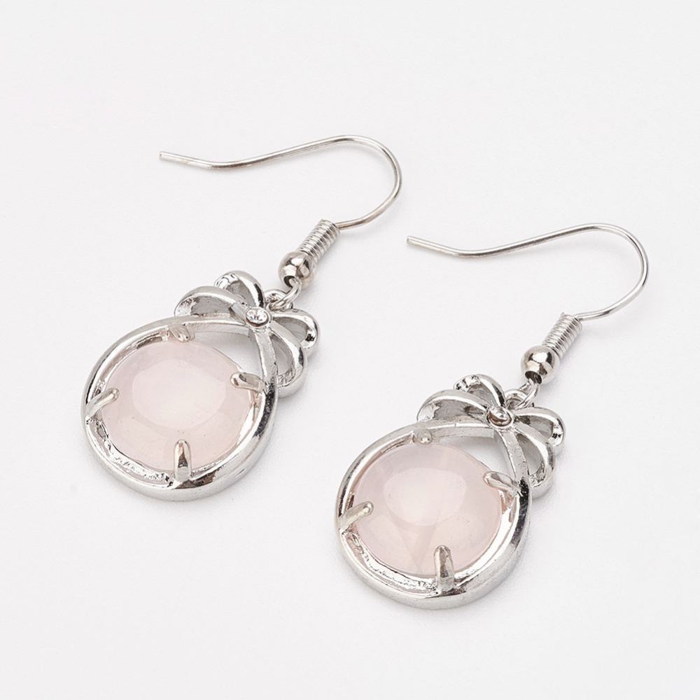 PandaHall Rose Quartz Dangle Earrings, with Brass Findings, Flat Round with Bowknot, 36mm; pin: 0.5mm Rose Quartz Pink