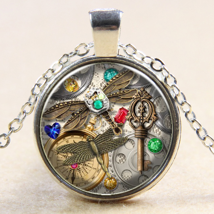 PandaHall Dragonfly Pattern Flat Round Glass Pendant Necklaces, with Alloy Chains, Silver, 18" Alloy