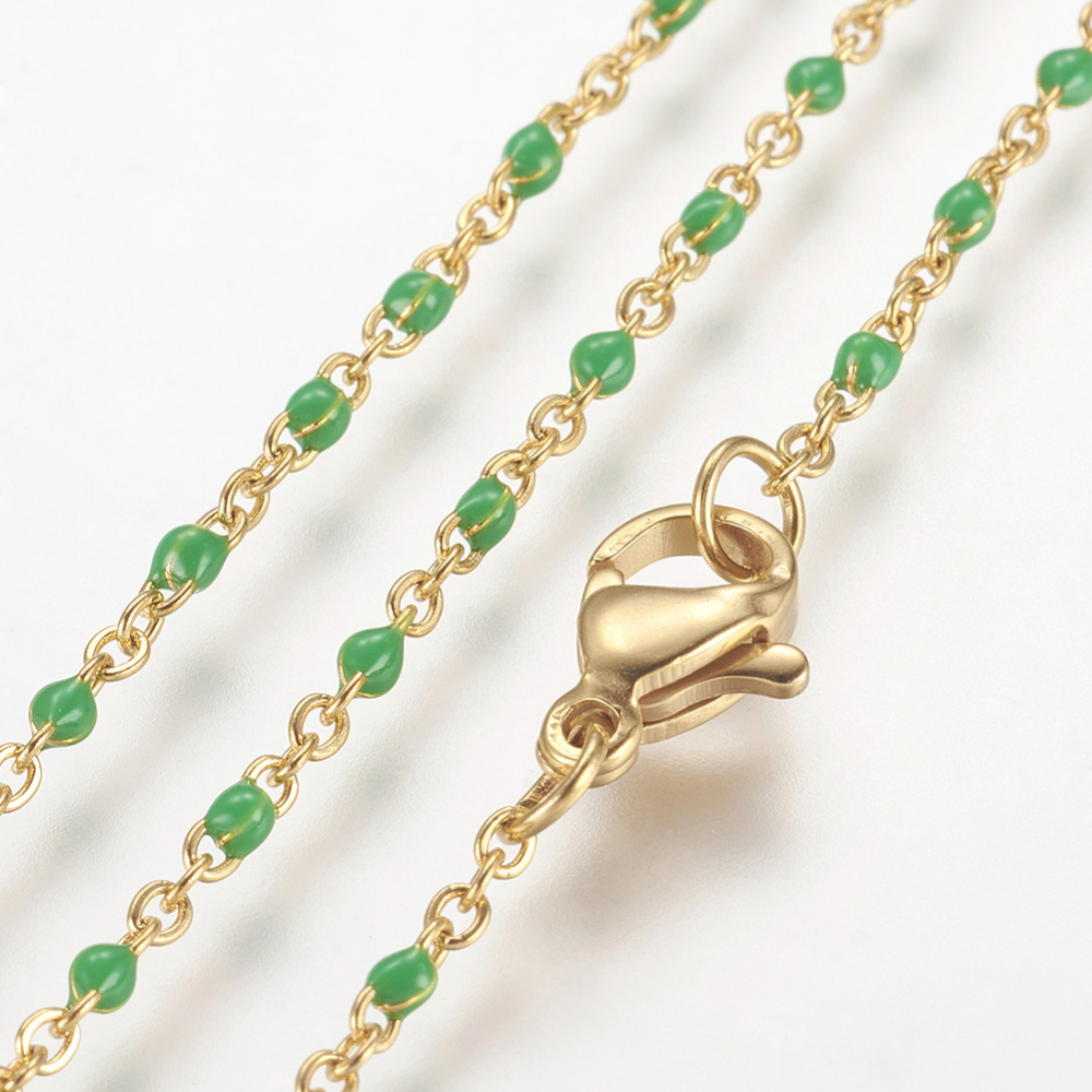 PandaHall 304 Stainless Steel Chain Necklaces, with Enamel, Golden, Green, 17.91"(45.5cm); 2mm Stainless Steel Green