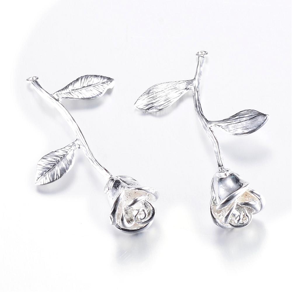 PandaHall Brass Rose Pendants, Lead Free, Silver, 40x22x10mm, Hole: 1mm Brass Flower Silver